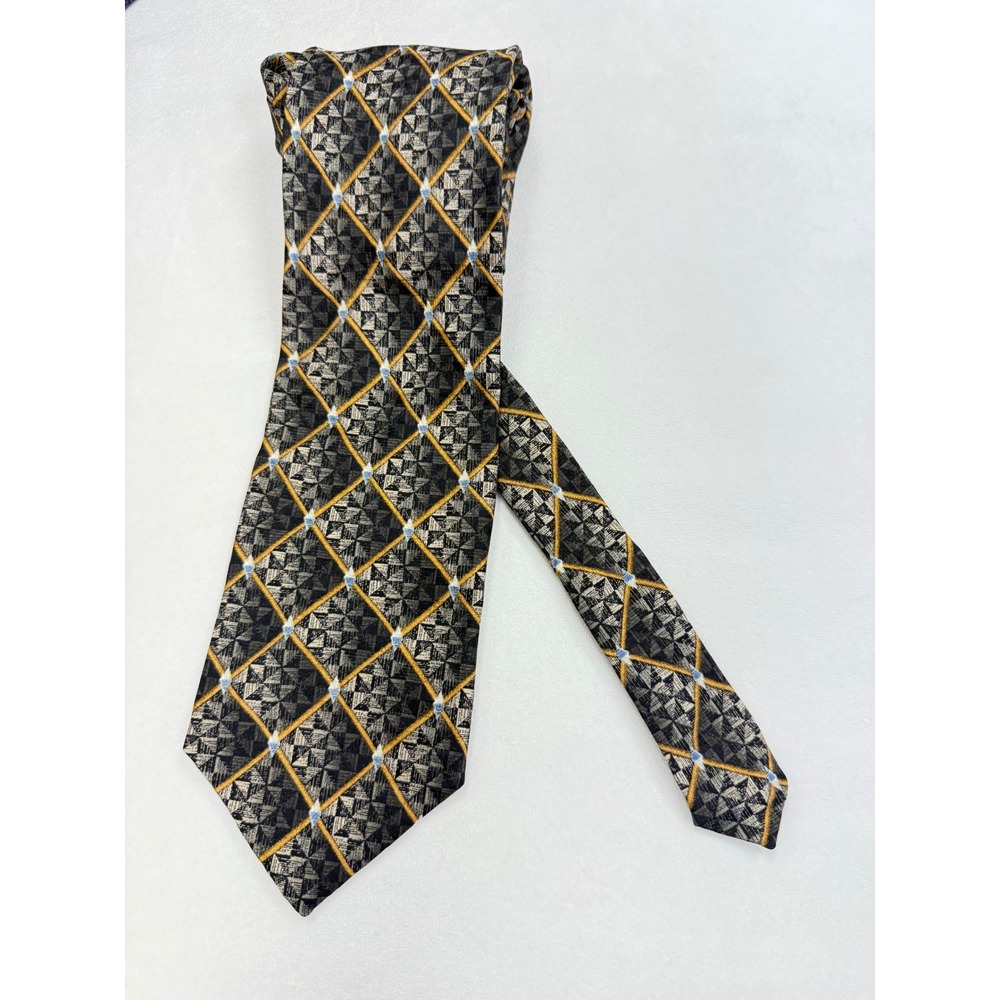 Oscar de la Renta Necktie Mens OS Gray Gold Excellent Made in USA Silk Geometric